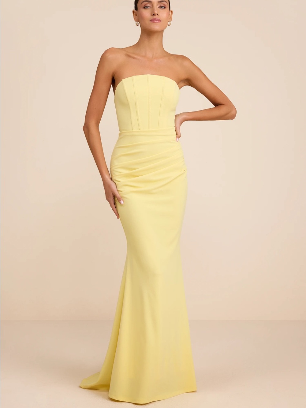 Lulu's Strapless Pale Yellow Ruched Evening Gown
